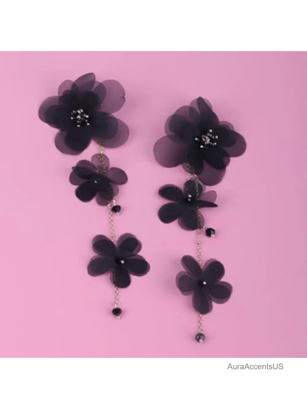 Layered Tulle Flower Dangle Earrings with Gold Chain Bridal Party